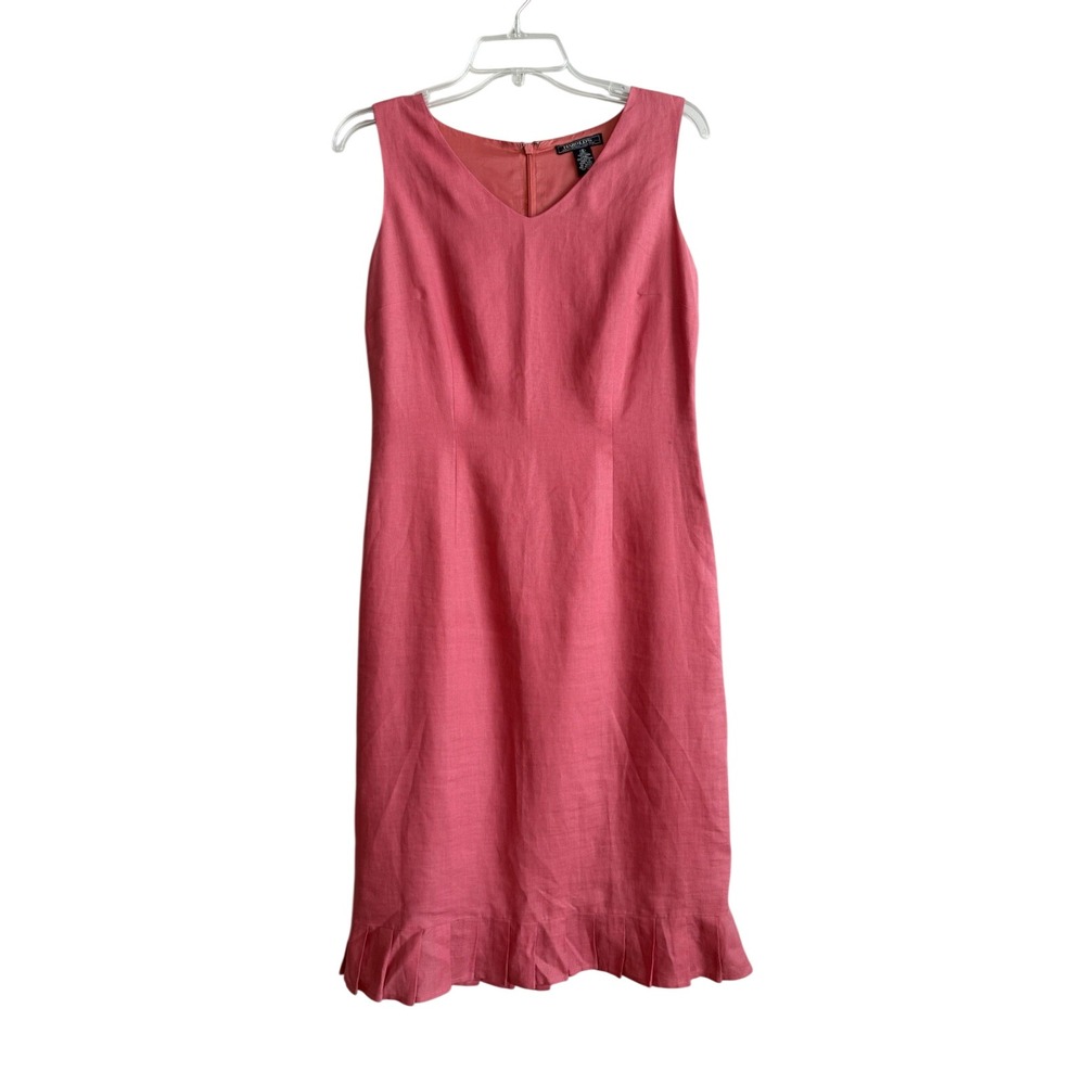 Harold’s 100% Linen Classic Sheath Sleeveless Dress‎  Melon Coral Pleated Hem 4